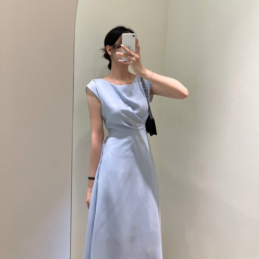韩国chic复古优雅淑女气质简约褶皱高腰系带收腰显瘦连衣裙
