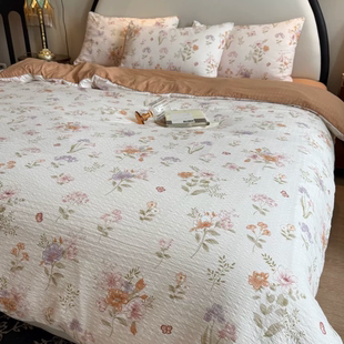 新品 韩国泡泡纱双层纱四件套韩系田园碎花清新标准床上用品四件套