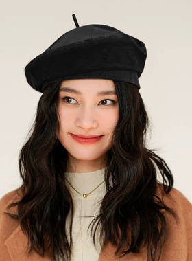 疯帽子 复古洋气灯芯绒贝雷帽 逛街百搭黑色画家帽子女款2026年