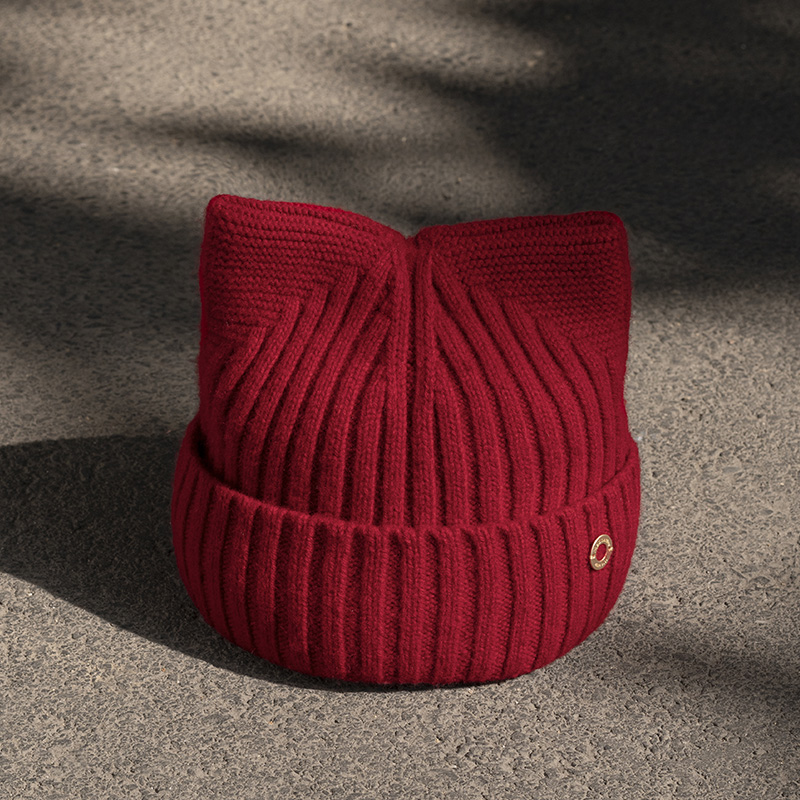 疯帽子 纯羊毛甜美猫耳朵毛线帽 冬季保暖针织帽子女红色帽子
