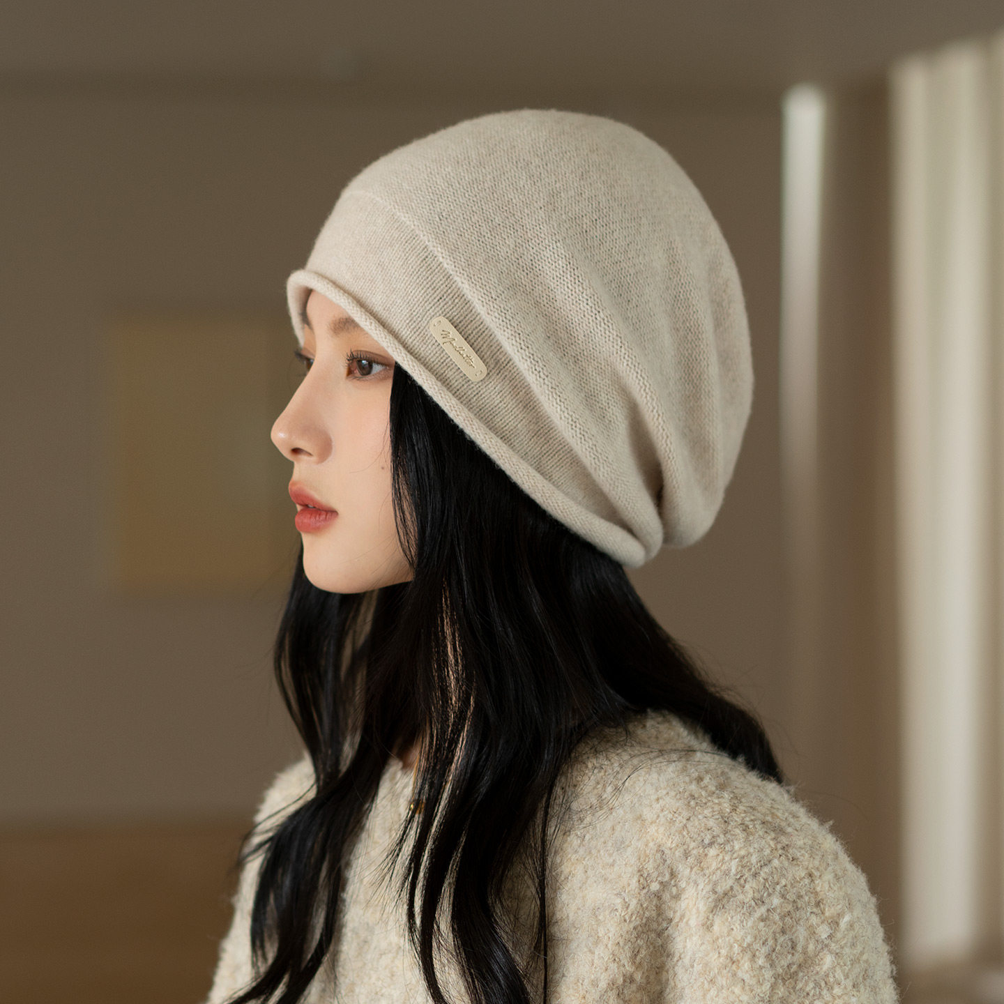 疯帽子 100纯羊毛堆堆帽子 大头围显脸小针织帽女冷帽老钱风秋冬