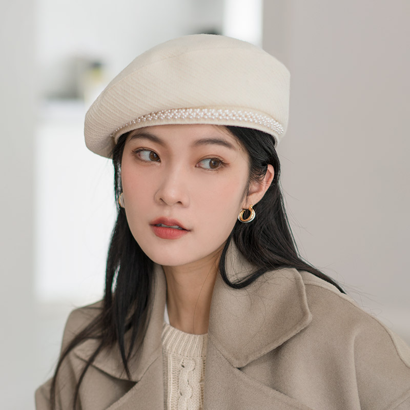 疯帽子 轻奢质感名媛风珍珠贝雷帽小香风白色韩版画家帽子女 秋季