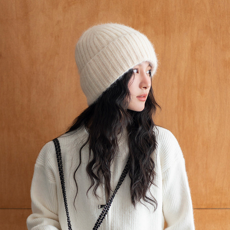 疯帽子 兔毛 白色毛线帽大头围针织帽冷帽 显脸小保暖堆堆帽女冬