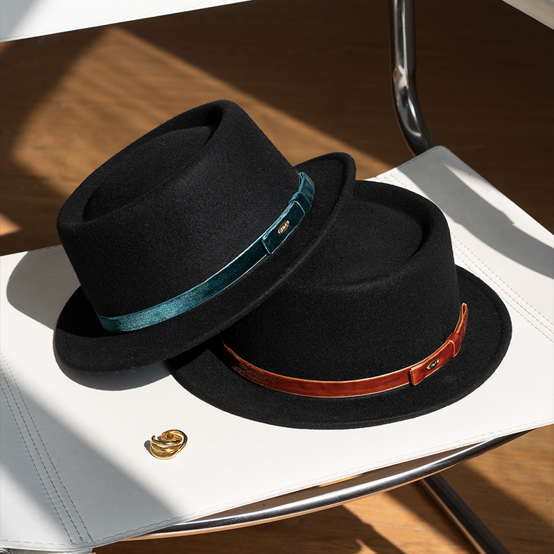 疯帽子 复古纯羊毛呢平顶帽女英伦风撞色丝带小礼帽子 25年秋冬新