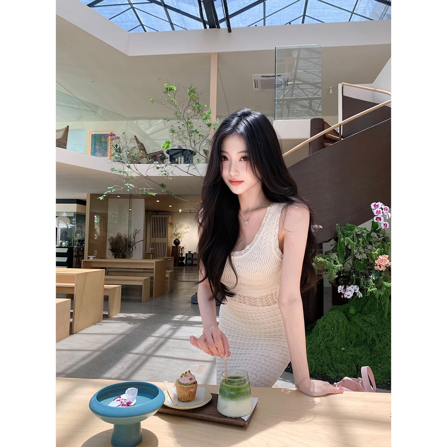 DFAY 温柔杏 手工钩花针织连衣裙修身显瘦气质优雅包臀长裙女秋冬