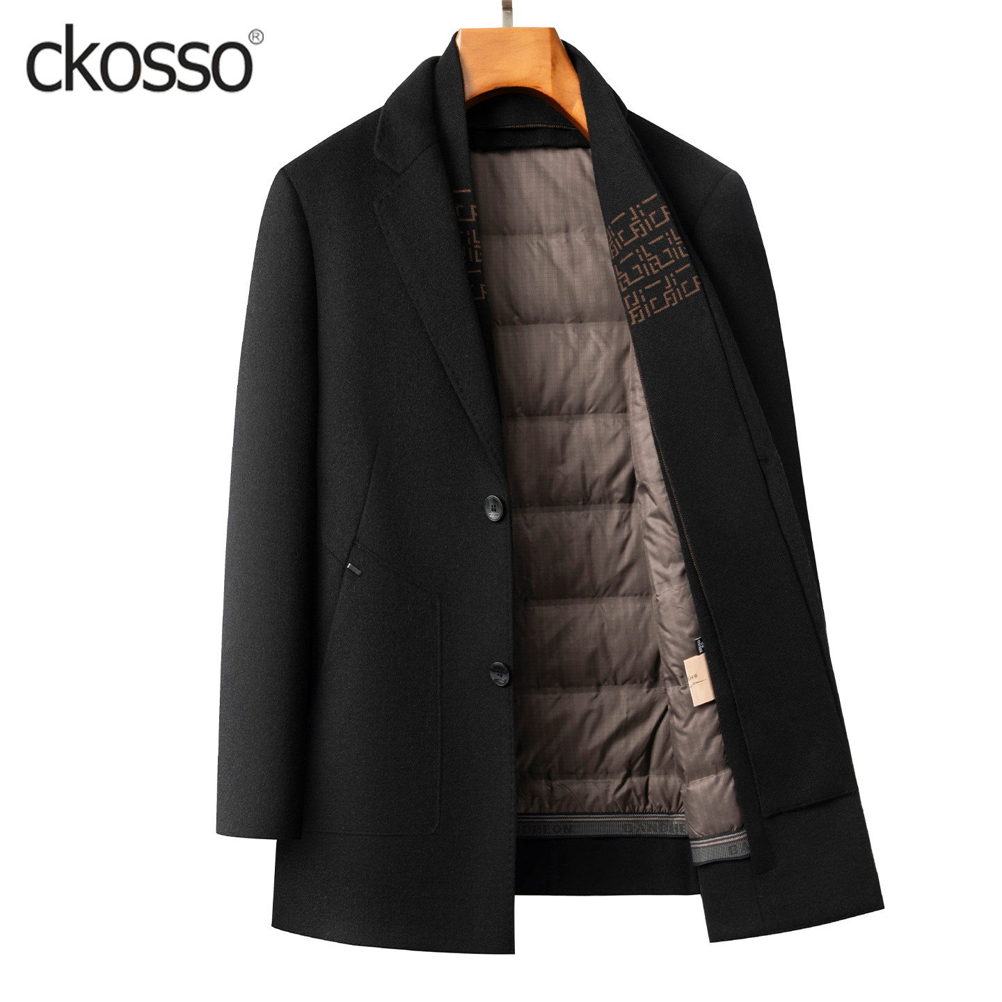 羊毛呢大衣男士西装领羽绒服内胆可脱卸冬季男装双面绒西服式外套