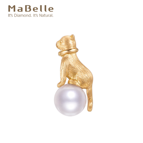 MaBelle/玛贝尔18K黄金小猫 珍珠单边耳钉 俏皮可爱 （塑胶耳迫）