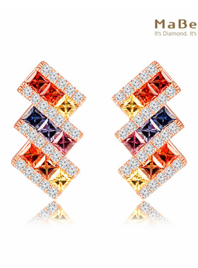 MaBelle/玛贝尔/彩虹系列 18K玫瑰金方形彩蓝宝拼镶钻石耳钉 优雅
