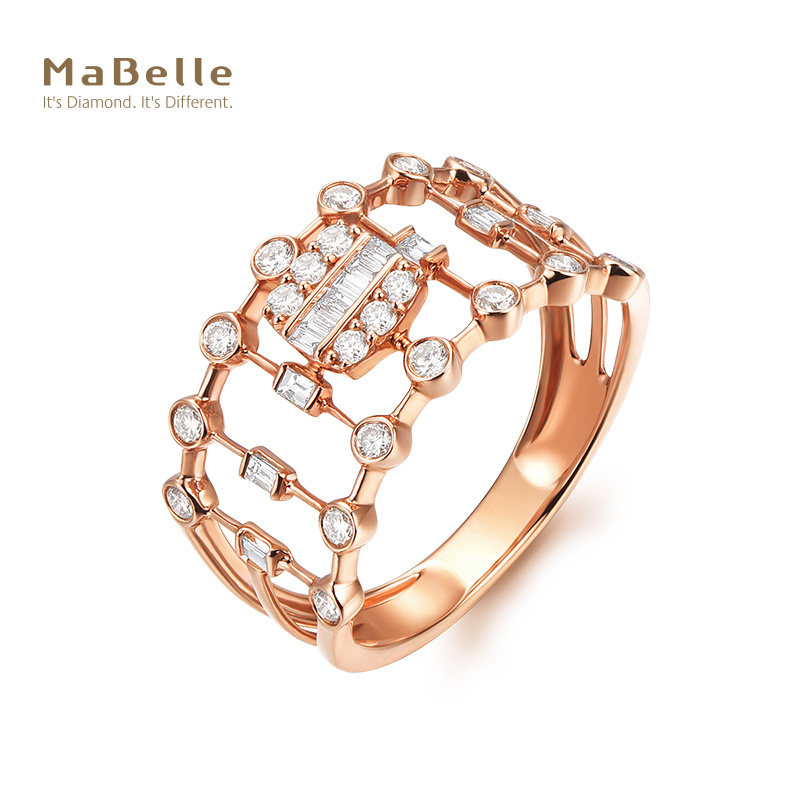 mabelle/玛贝尔18k玫瑰金 罗马假日系列 梯方拼镶钻石戒指  时尚