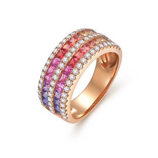 MaBelle/玛贝尔彩虹系列 18K玫瑰金方形彩蓝宝拼镶钻石戒指 优雅