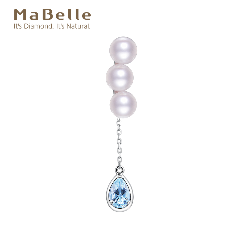 MaBelle/玛贝尔18K白金 梨形海蓝宝珍珠单边耳钉 海蓝宝0.335克拉