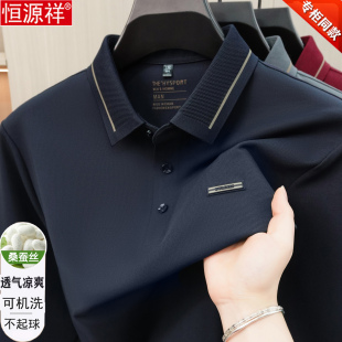 恒源祥桑蚕丝长袖t恤男士春秋新款时尚高端中年爸爸装打底polo衫