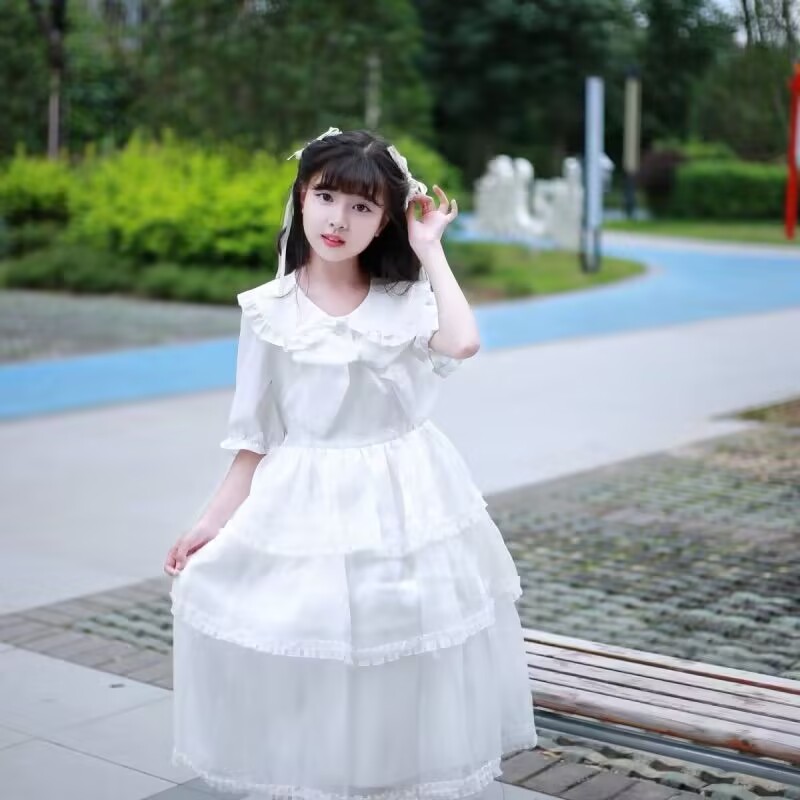 气质公主裙薄款透气夏季套装女学生娃娃领+可爱蝴蝶结白色网纱裙