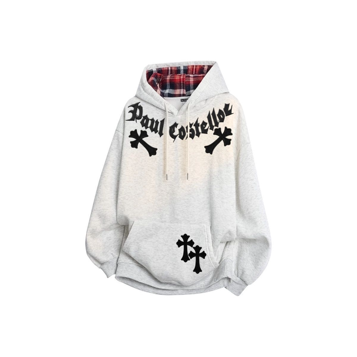 2025新款重磅棉质格子连帽卫衣女秋冬白灰色多巴胺百搭宽松上衣潮