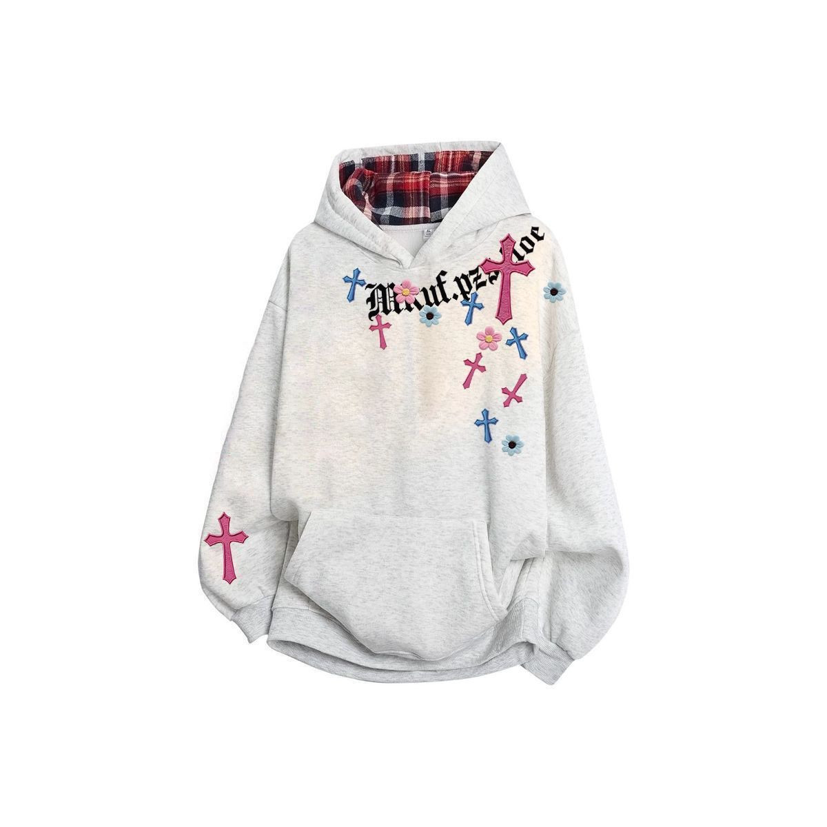 美式复古国潮重磅2025新款格子连帽卫衣女秋冬白灰色百搭宽松上衣