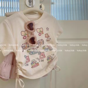 33J夏款新品花朵猫咪俱乐部公主风女童时尚短袖抽绳T恤上衣