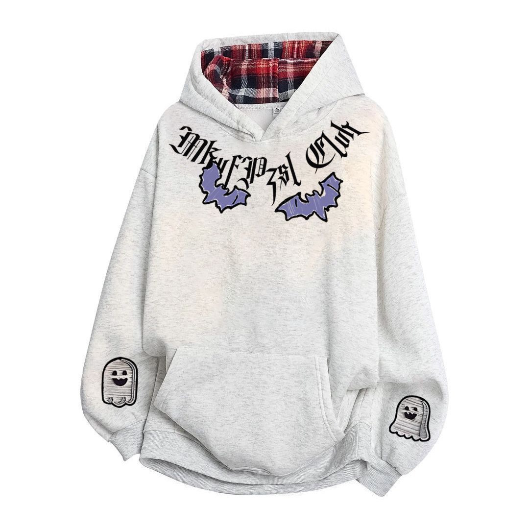 秋冬加绒重磅清新格子连帽卫衣男女秋冬白灰色宽松百搭情侣上衣潮