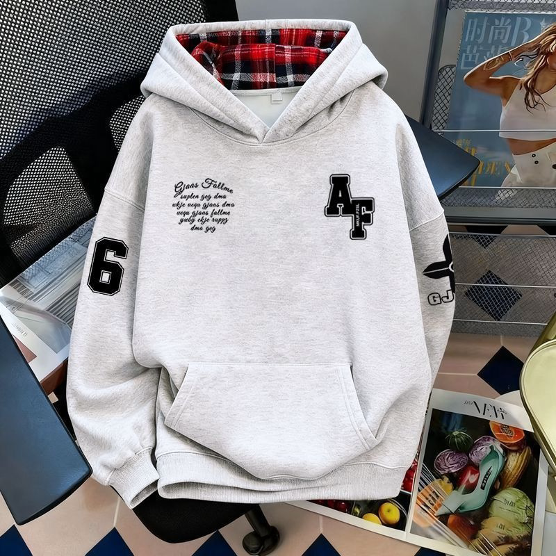 重磅新款个性白灰色帅气格子连帽卫衣秋冬加厚加绒潮气质宽松上衣