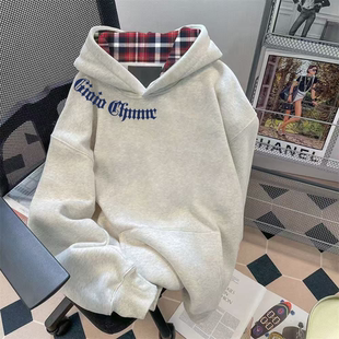 美式复古简约重磅韩系格子连帽卫衣女秋冬季高级宽松设计感上衣潮