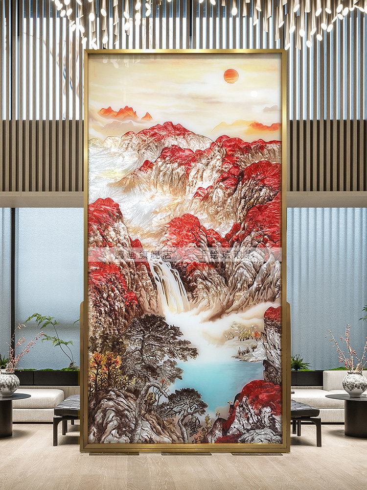 轻奢大气山水玄关珐琅彩装饰画入户竖幅走廊挂画原创壁画鸿运当头
