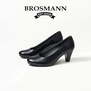 宝舒曼牛皮高跟鞋女新款黑色通勤不累脚粗跟软底舒适浅口女款单鞋