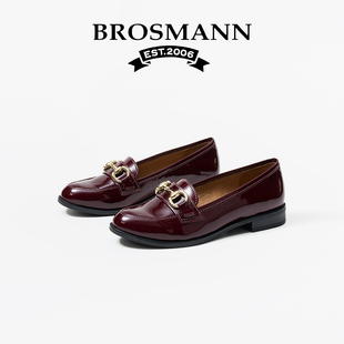 一脚蹬软底粗跟单鞋 宝舒曼亮面牛皮乐福鞋 英伦风女鞋 秋季 子 女新款