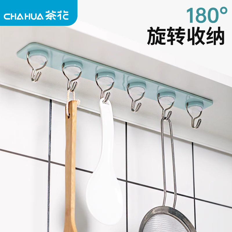 茶花挂钩一排强力粘胶免打孔厨房门后墙壁挂衣架浴室承重粘钩贴墙