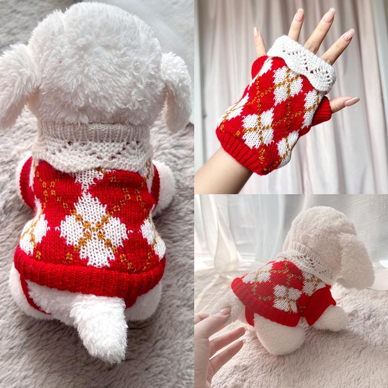 狗狗圣诞衣服过年喜庆幼犬茶杯犬秋冬保暖菱形毛衣小型犬宠物衣服