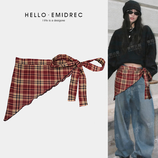 Y2K千禧亚文化复古美式辣妹格纹三角巾腰带女宽腰封配牛仔裤朋克