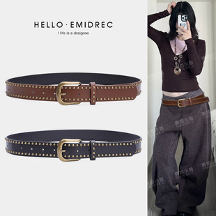 个性 腰带配饰黑色2025新款 牛仔裤 复古朋克棕色皮带女宽铆钉配工装