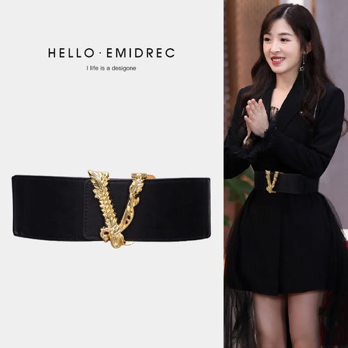 宽装饰大衣黑色v字时尚松紧腰带