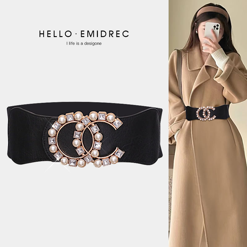 女宽腰带腰封配裙子大衣黑色松紧