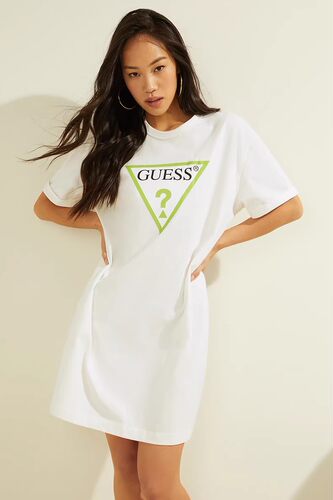2018年圆领短袖纯棉中长款女士guess连衣裙百搭宽松