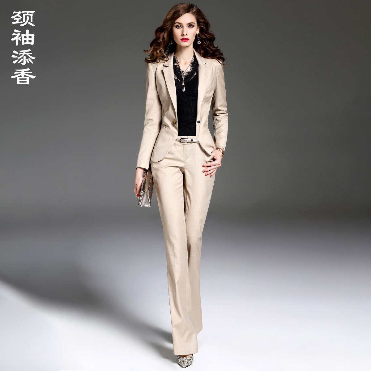 颈袖添香职业套装女西装两件套羊毛卡其色长裤总裁御姐气质商务
