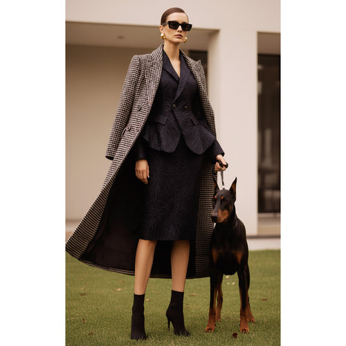 颈袖添香风衣女外套羊毛呢大衣秋冬季中长款千鸟格时尚修身设计感