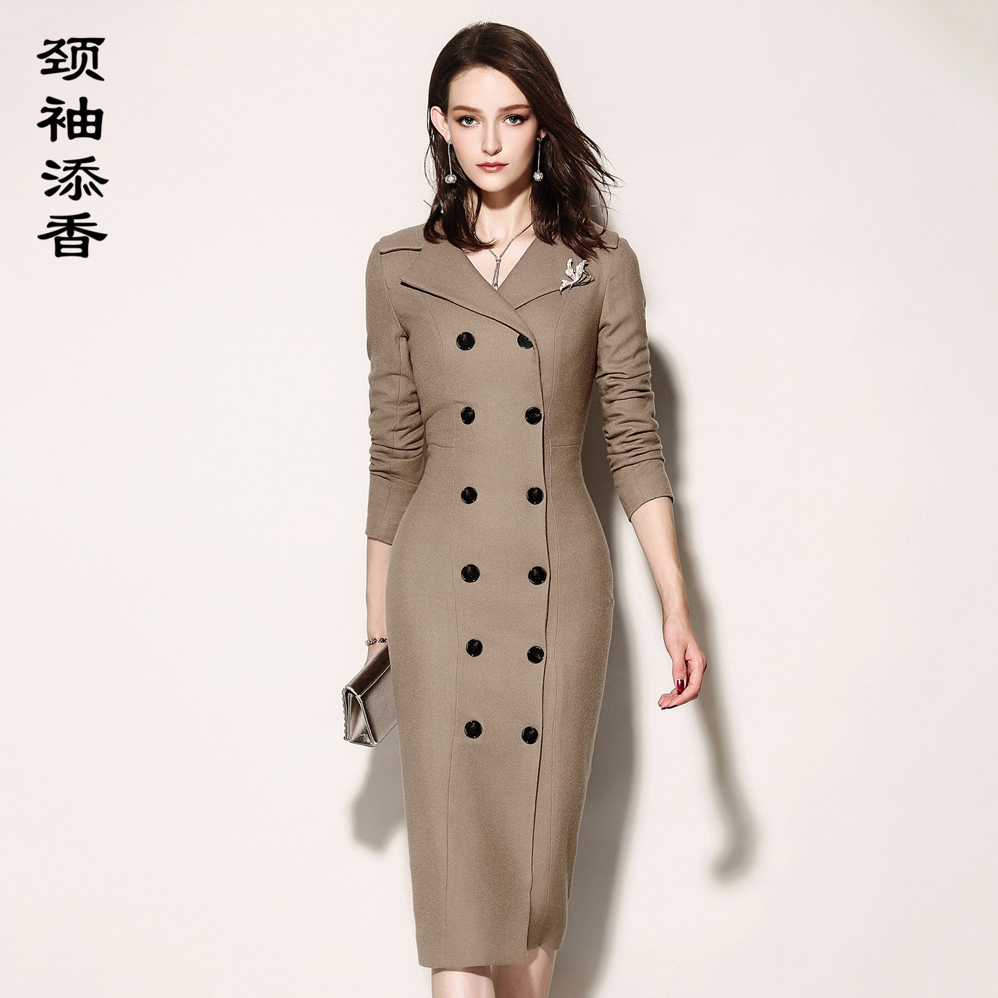 颈袖添香“英伦贵族”系列双排扣羊毛连衣裙/可做风衣两穿图片