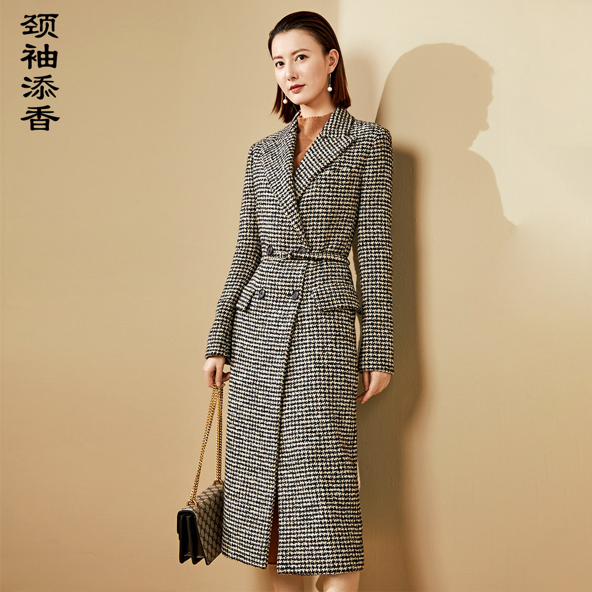 颈袖添香风衣女外套羊毛呢大衣秋季中长款千鸟格时尚修身设计感