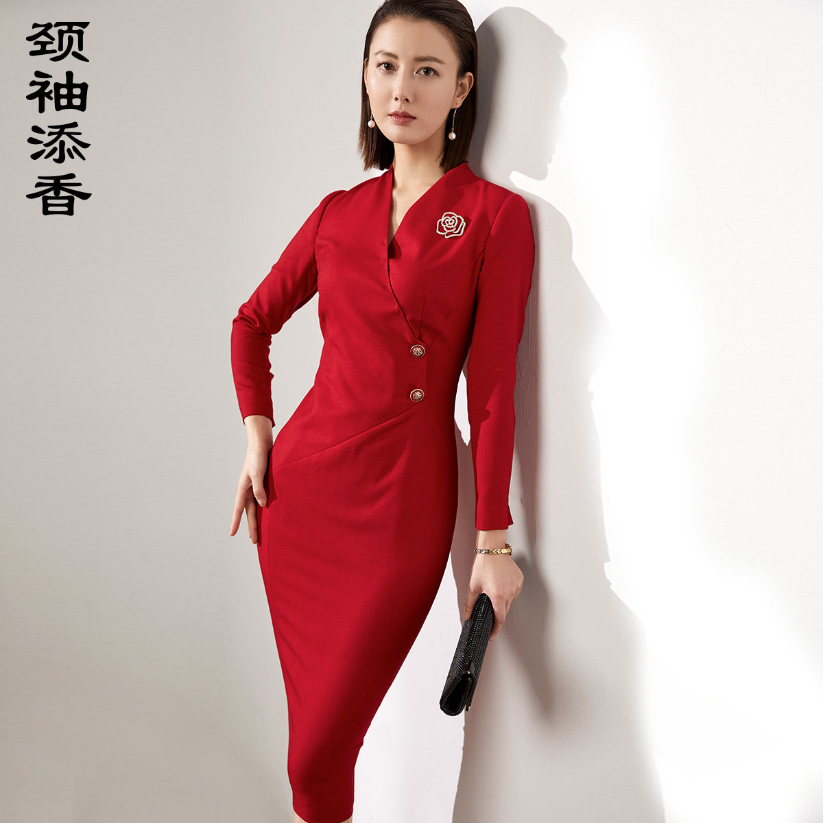 颈袖添香2023新款时尚修身气质红中长款包臀显瘦女士连衣裙