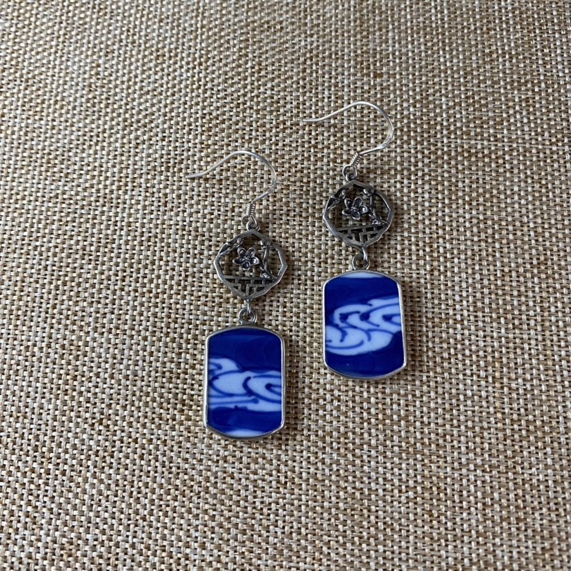 女士 青花瓷耳环 老瓷片耳饰 925银 饰品配饰 长款 古瓷首饰 流行