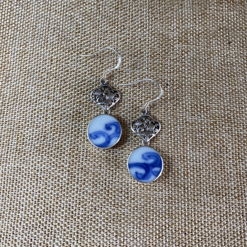 女士 青花瓷耳环 老瓷片耳饰 925银 长款饰品 简约流行 古瓷首饰