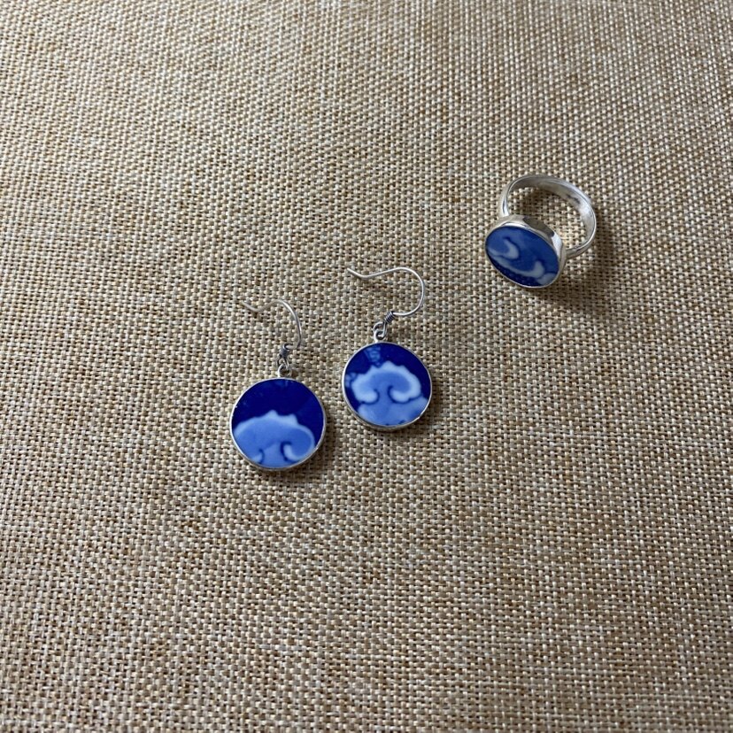 女士 青花瓷耳环 戒指 套件 925银 手工饰品 简约流行 古瓷首饰