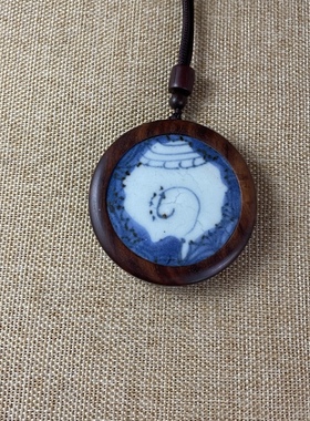 古瓷首饰 青花瓷吊坠 老瓷片挂件 小叶紫檀 饰品配饰 流行 男女