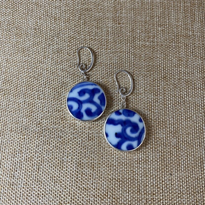 女士 青花瓷耳环 老瓷片耳饰 925银 刻花复古 古瓷首饰 新品上市