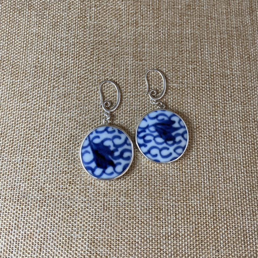 女士 青花瓷耳环 老瓷片耳饰 925银 刻花复古 古瓷首饰 百搭流行