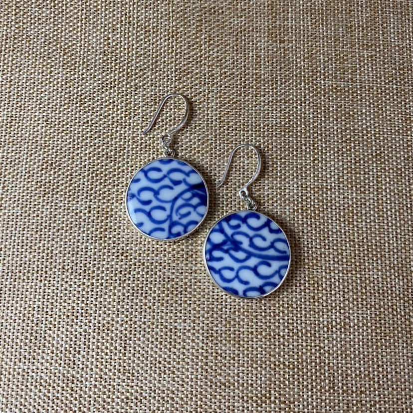 古瓷首饰 青花瓷耳环 老瓷片耳饰 925银 刻花复古 饰品配饰 女士