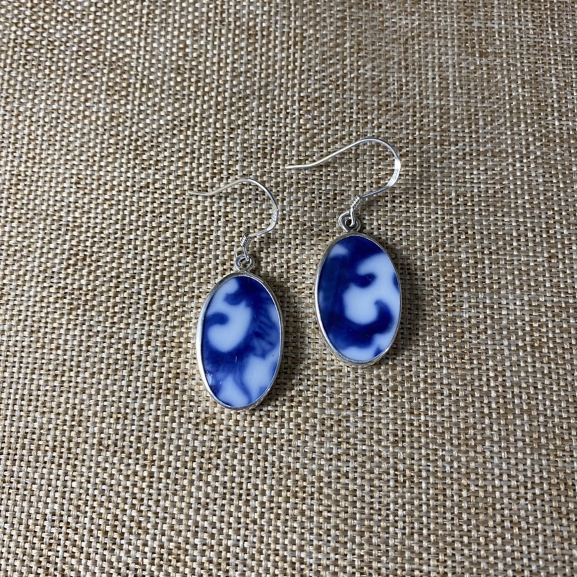 女士 青花瓷耳环 老瓷片耳饰 925银 手工饰品 简约百搭 流行 古瓷