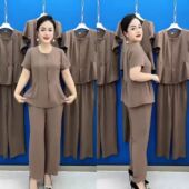 套装 大码 宽松中老年女装 妈妈夏季 短袖 小个子时尚 新款 纯色两件套 装