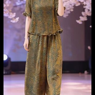 中年妈妈宽松显瘦上衣大码优雅套装女夏季新款洋气阔腿裤两件套