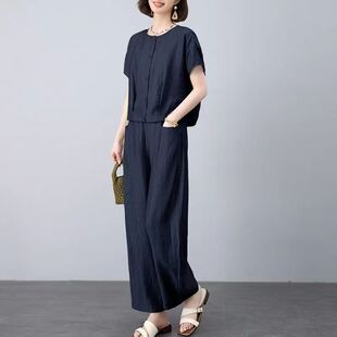 棉麻时尚套装女夏季新款洋气中年妈妈装减龄短袖衬衫阔腿裤两件套