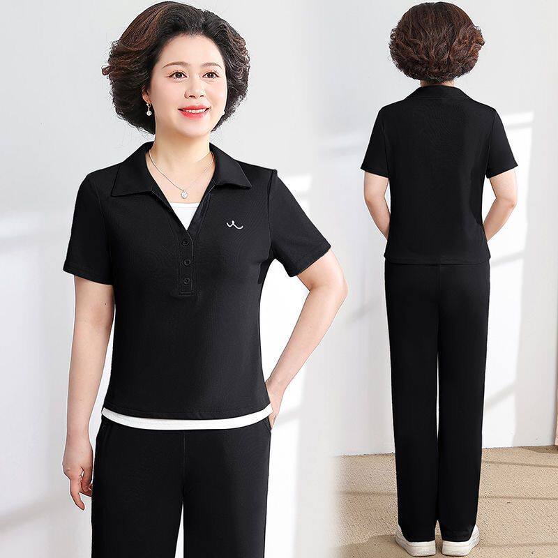 中年妈妈夏装运动服套装时尚中老年女夏季新款洋气短袖T恤两件套